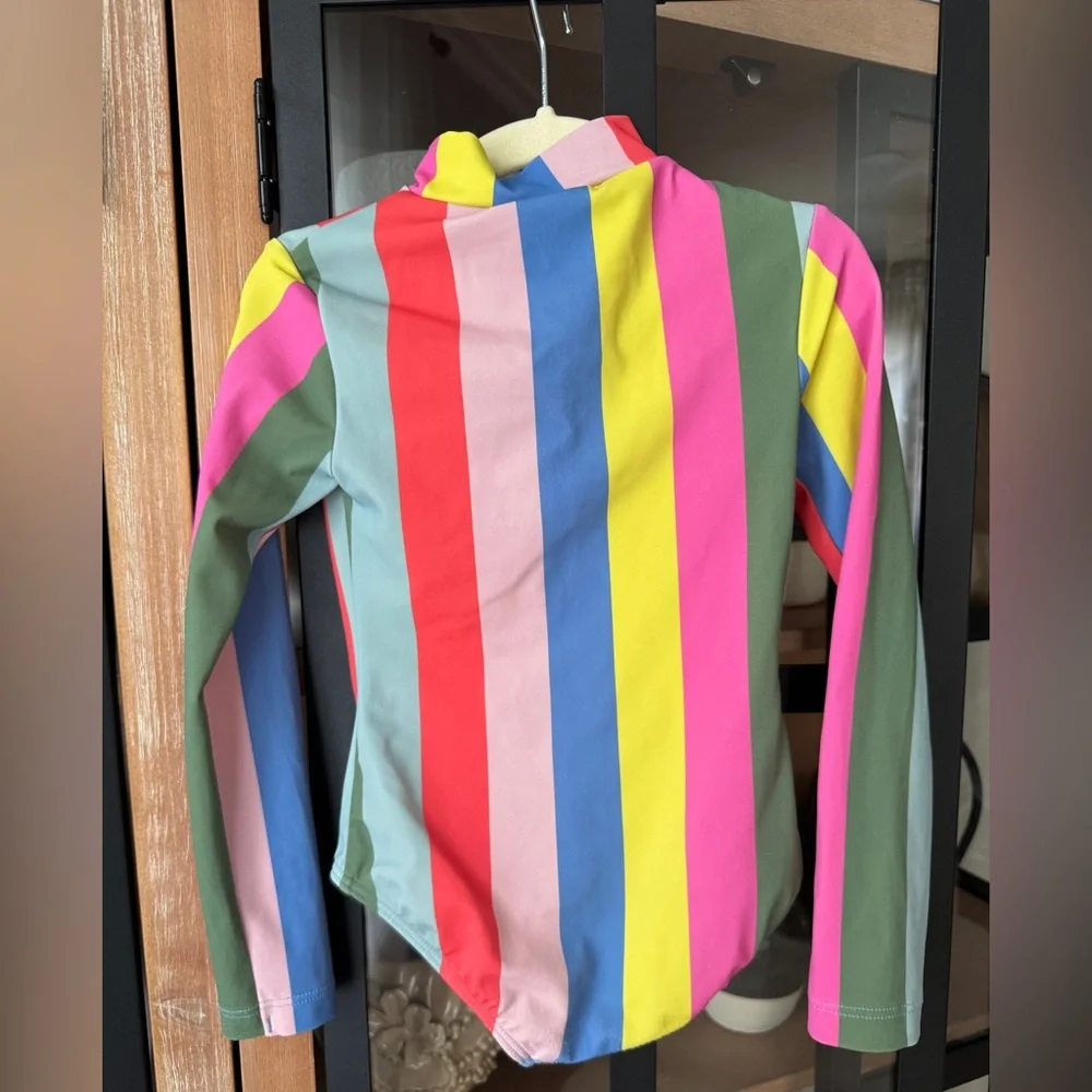 Mini Boden rainbow striped rashguard one piece swimsuit zip long sleeve girls